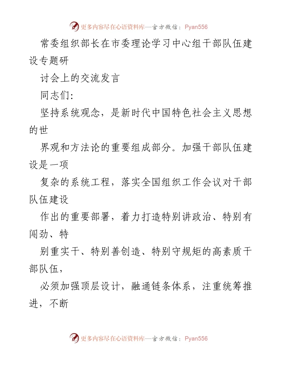 [发言] 市委理论学习中心组干部队伍建设专题研讨会 - 加强干部队伍建设的系统性思考与实践.docx_第1页