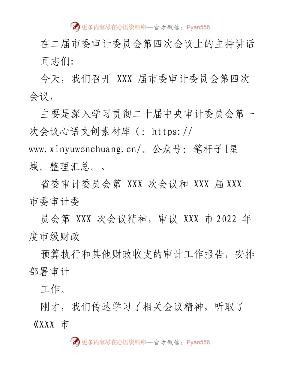 [发言] 市委审计委员会会议 - 深入学习审计工作精神，推动财政审计高质量发展.docx_第1页