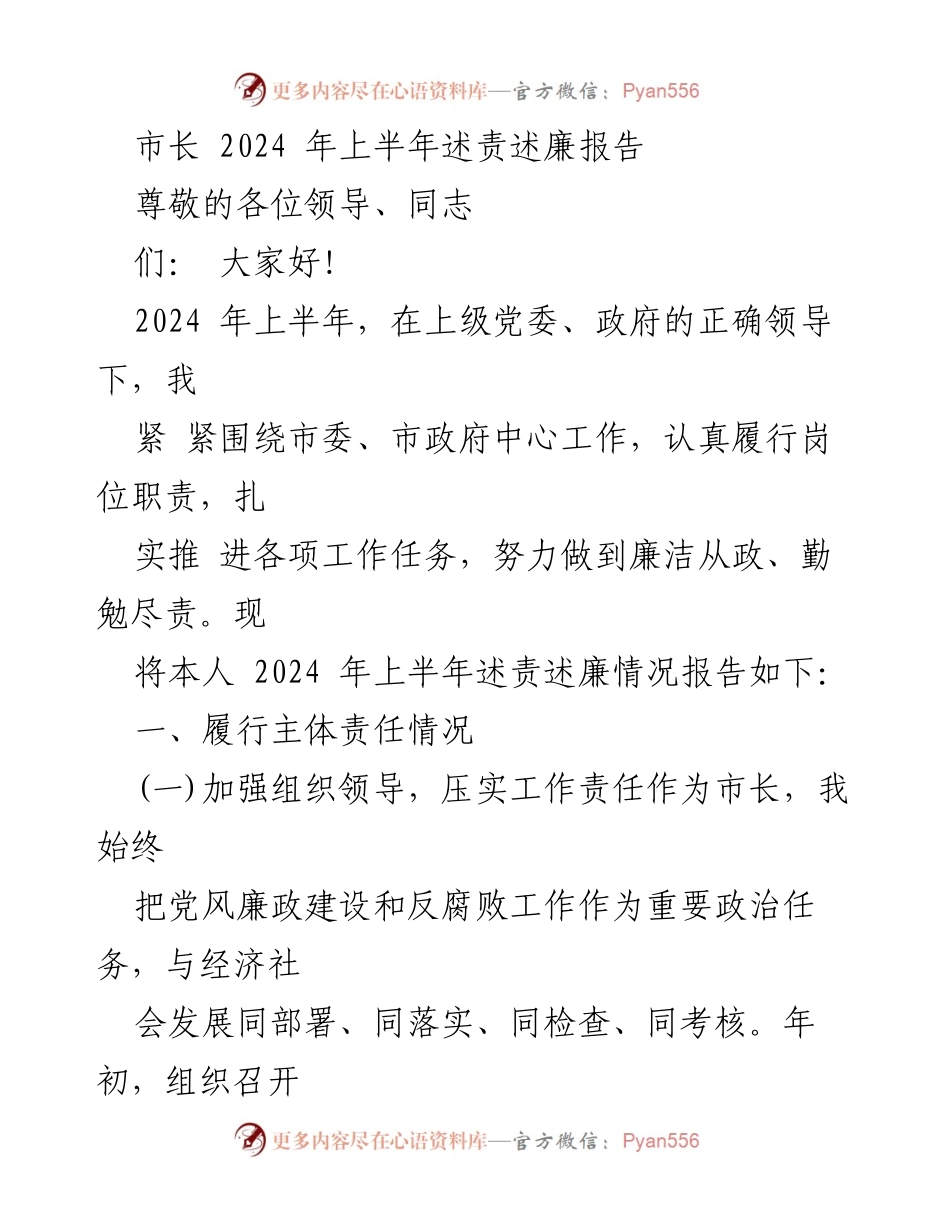 [发言] 市政府工作会议 - 2024年上半年市长述责述廉报告.docx_第1页