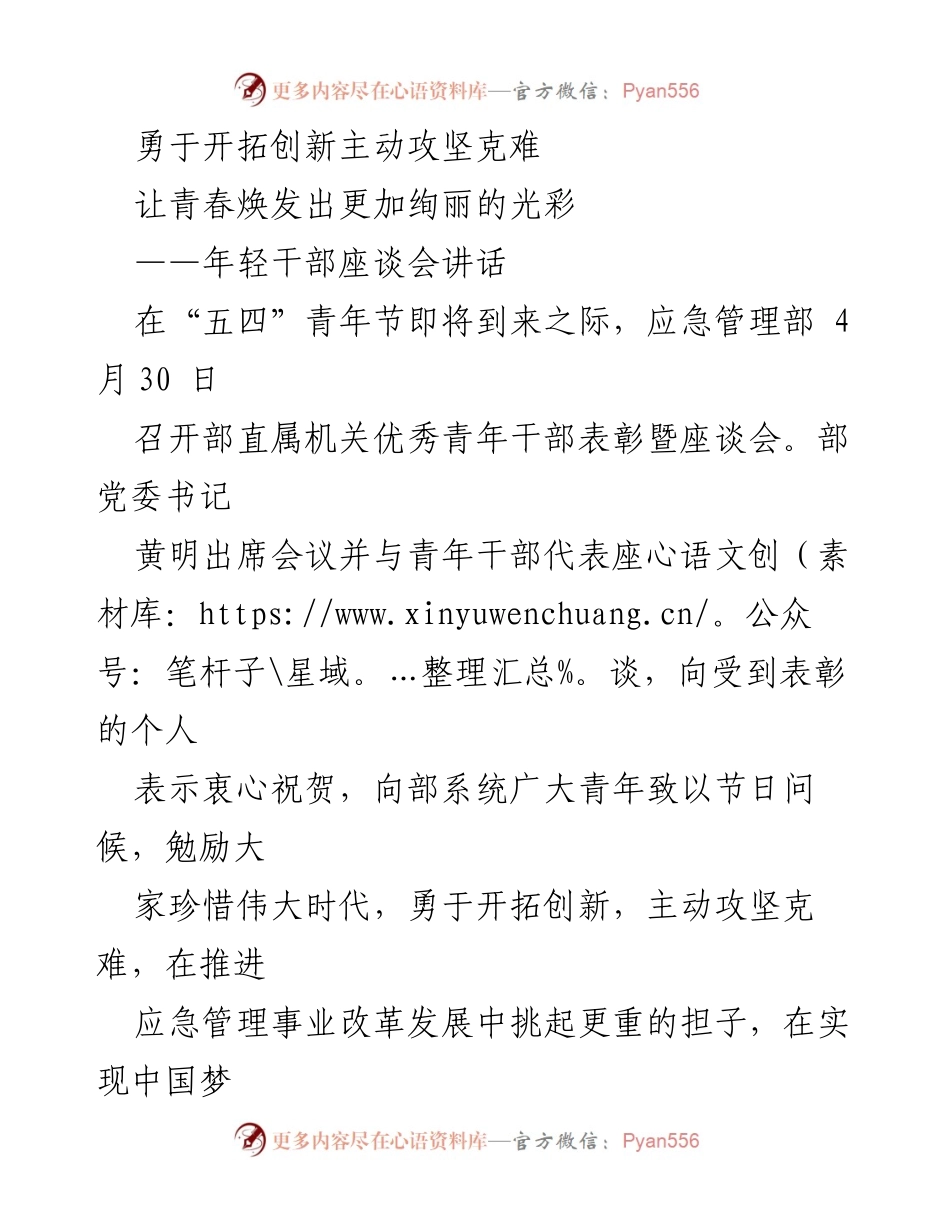 [发言] 年轻干部座谈会 - 勇于开拓创新，绽放青春光彩.docx_第1页