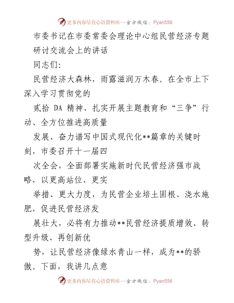 [发言] 市委常委会 - 推动民营经济高质量发展的战略部署.docx_第1页