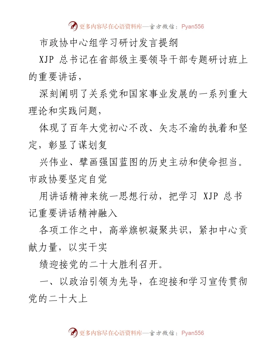 [发言] 市政协中心组学习研讨 - 深入学习贯彻XJP总书记重要讲话精神，展现政协担当与贡献.docx_第1页