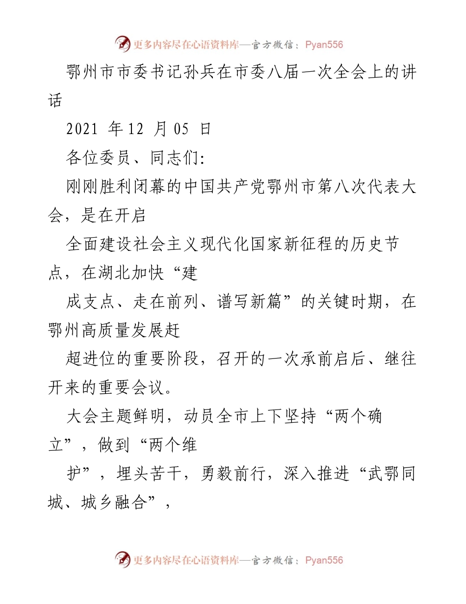 [发言] 市委全会 - 孙兵书记在市委八届一次全会上的讲话.docx_第1页
