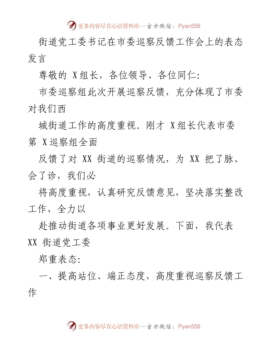[发言] 市委巡察反馈工作会 - 街道党工委书记表态发言：重视巡察整改，推动街道发展.docx_第1页