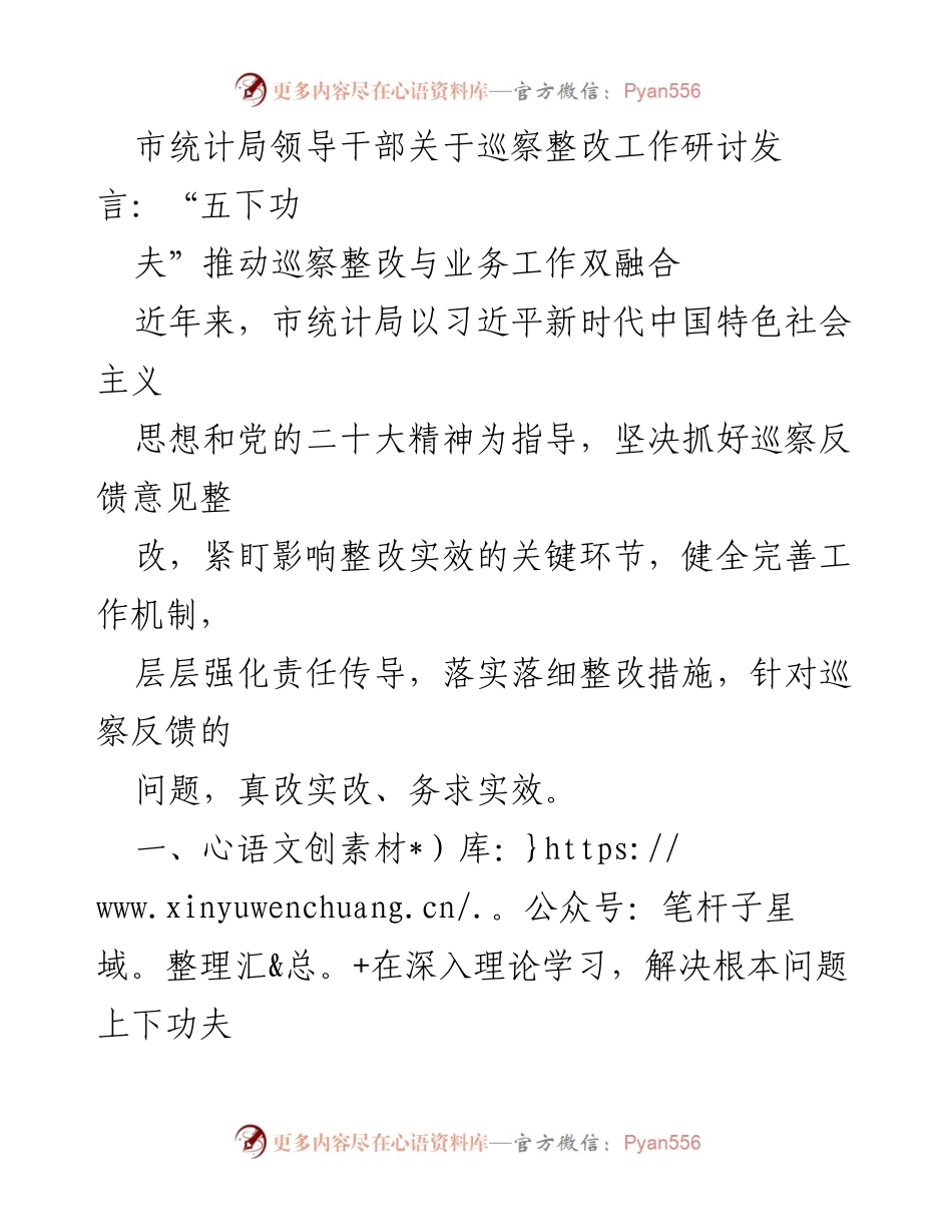 [发言] 巡察整改工作研讨会 - “五下功夫”推动巡察整改与业务工作双融合.docx_第1页