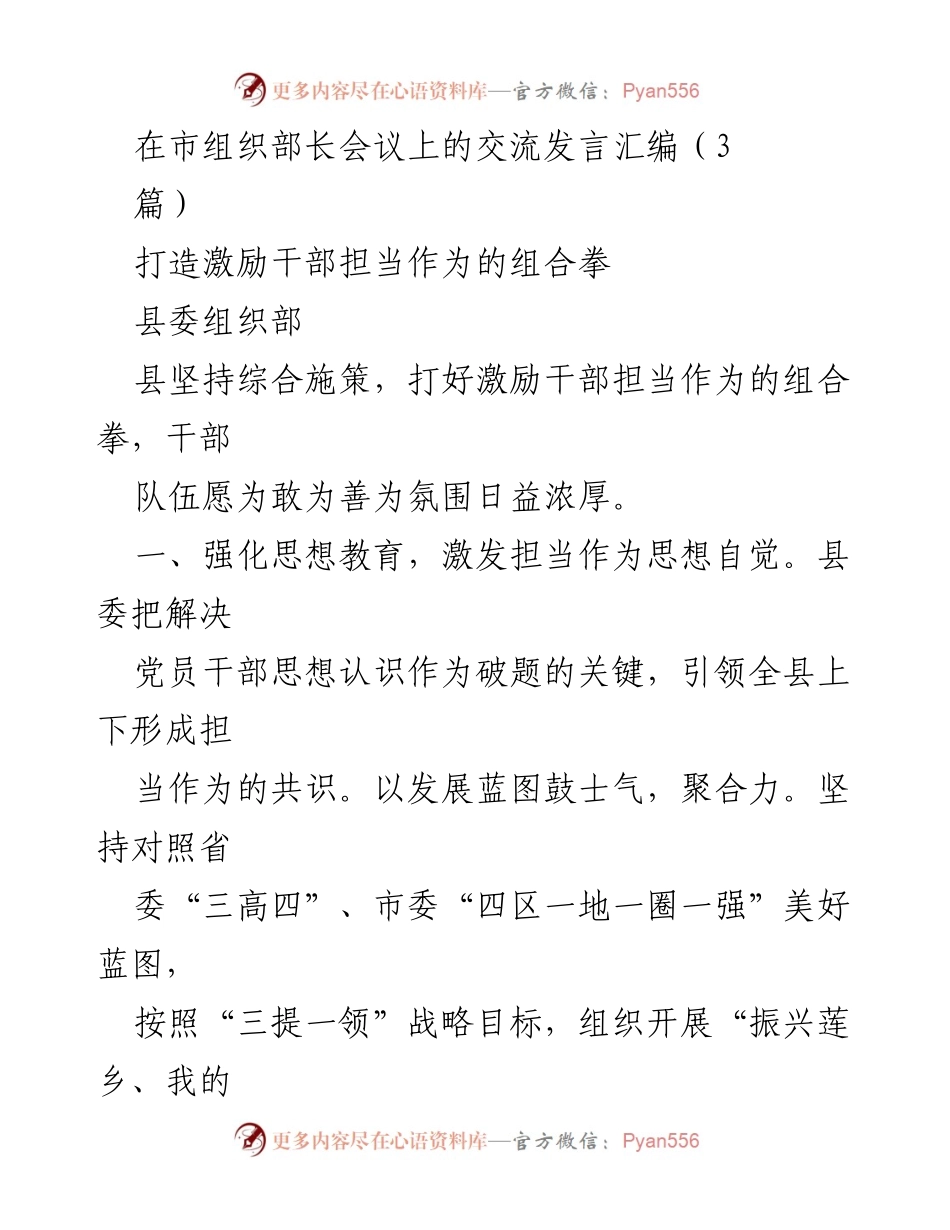 [发言] 市组织部长会议 - 打造激励干部担当作为的组合拳.docx_第1页