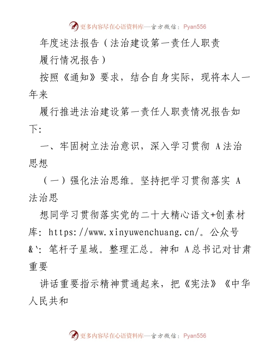 [发言] 年度述法报告 - 年度法治建设责任履行情况汇报.docx_第1页