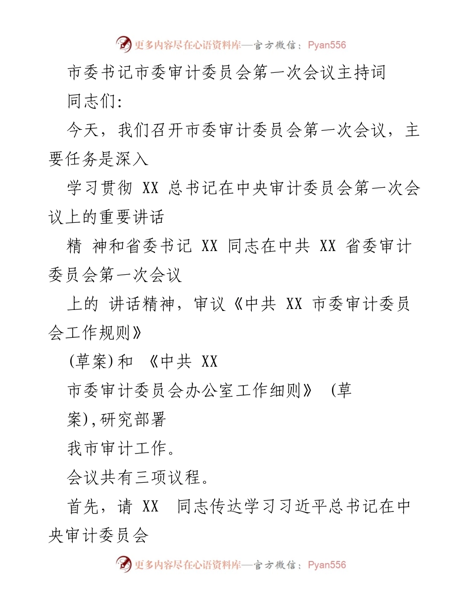 [发言] 市委审计委员会第一次会议 - 市委审计委员会工作部署与学习贯彻讲话精神.docx_第1页