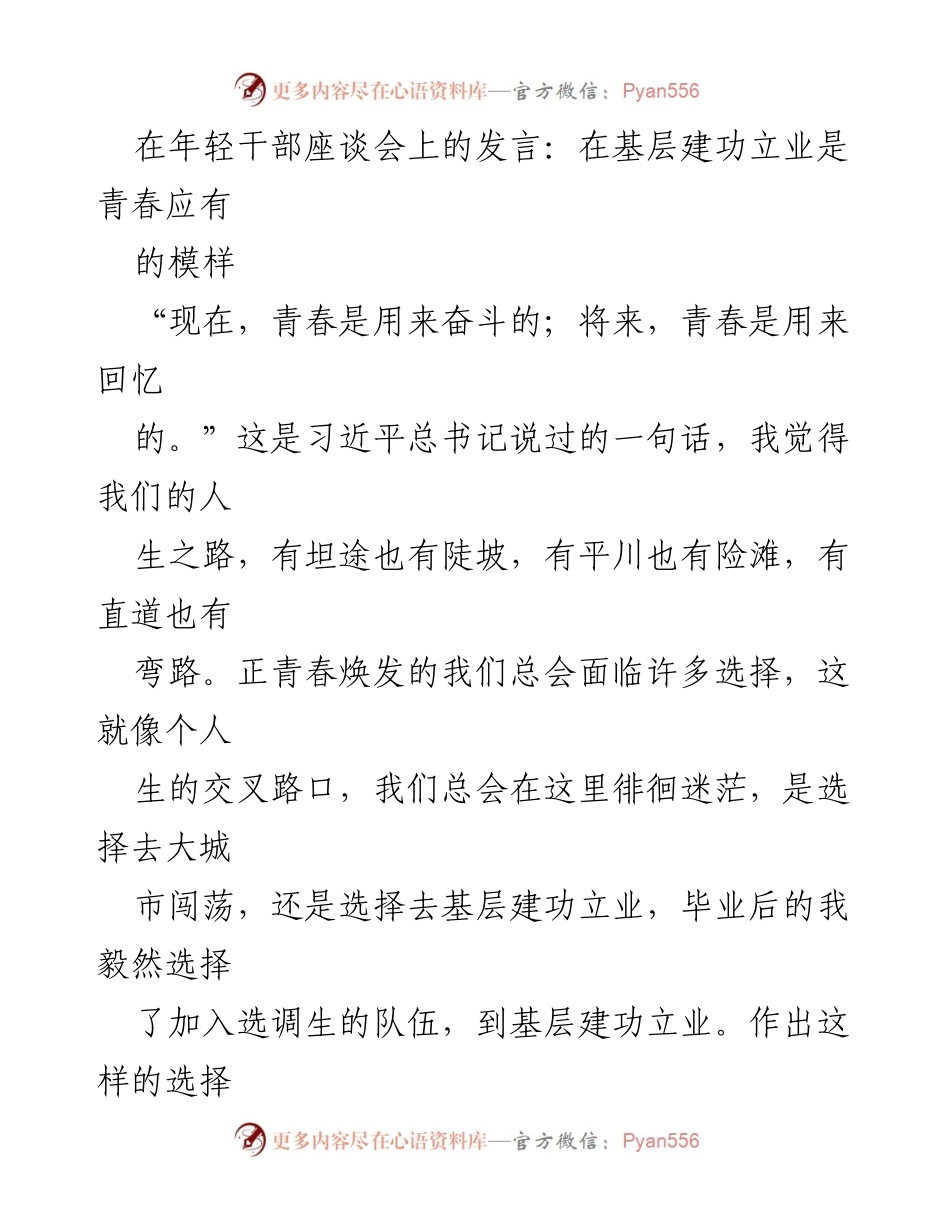 [发言] 年轻干部座谈会 - 基层建功立业：青春的选择与价值.docx_第1页