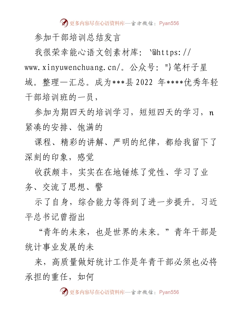 [发言] 干部培训总结 - 新时代青年统计干部的使命与担当.docx_第1页