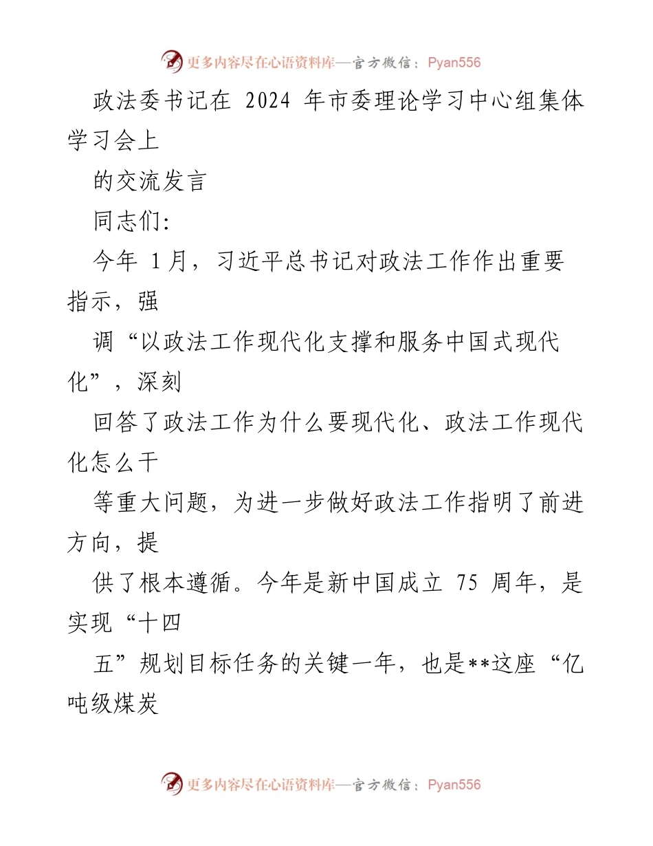 [发言] 市委理论学习中心组集体学习会 - 深入学习习近平总书记重要指示，推进政法工作现代化.docx_第1页