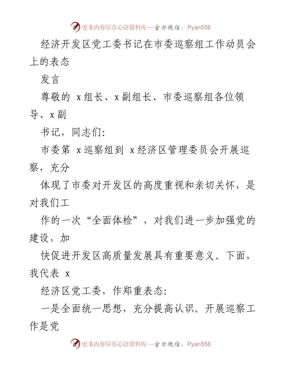 [发言] 市委巡察组工作动员会 - 经济开发区党工委书记的郑重表态与整改承诺.docx_第1页