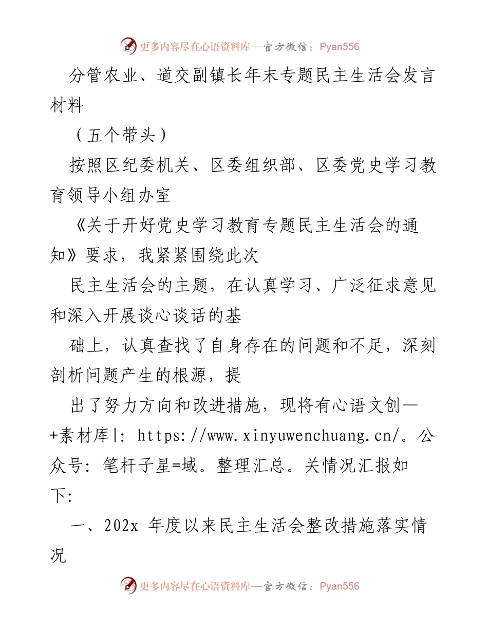 [发言] 年末专题民主生活会 - 年度民主生活会发言材料及整改落实情况报告.docx_第1页