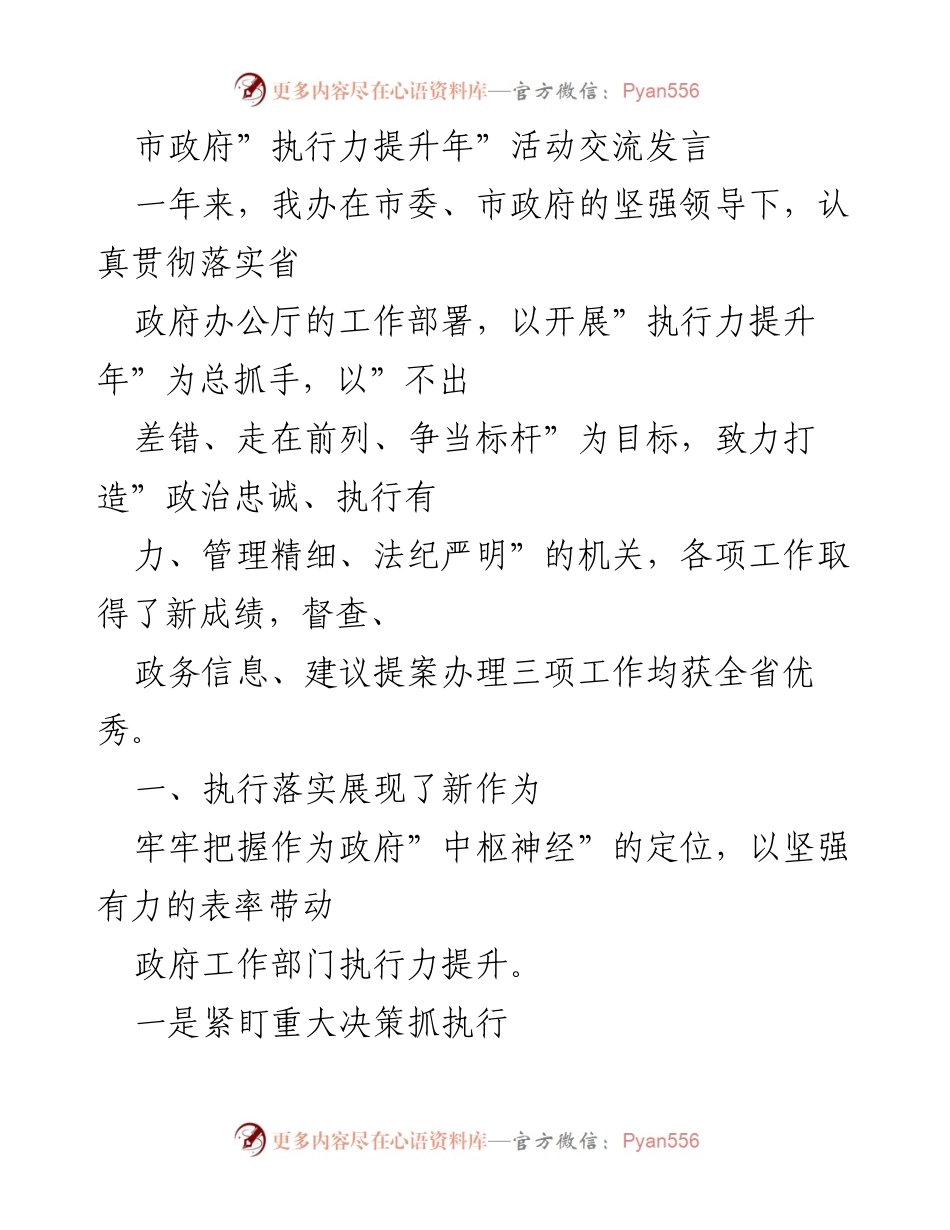 [发言] 市政府执行力提升年活动 - 提升执行力，推动政府工作新作为_1.docx_第1页