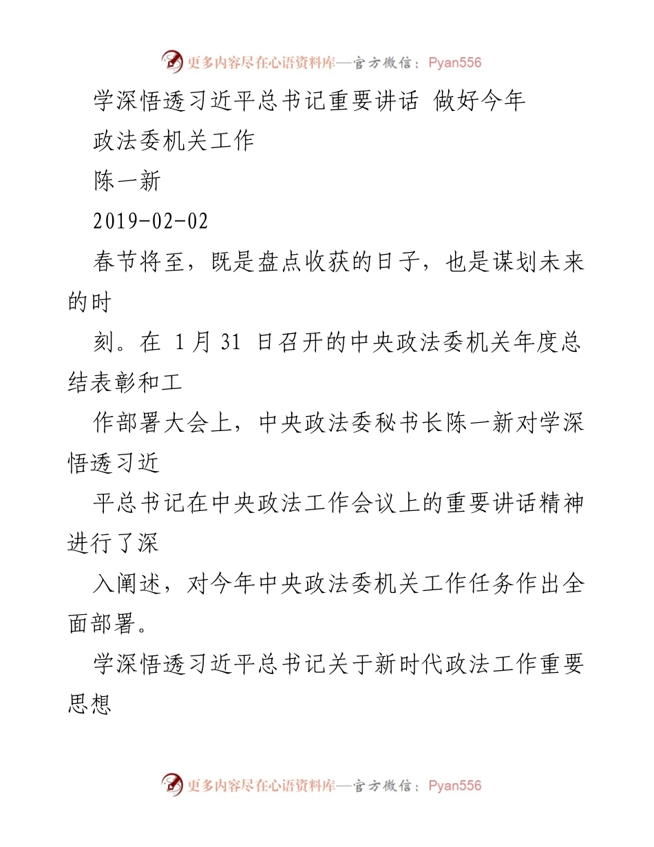 [发言] 年度总结表彰大会 - 深入学习习近平总书记讲话 精准部署政法委工作.docx_第1页