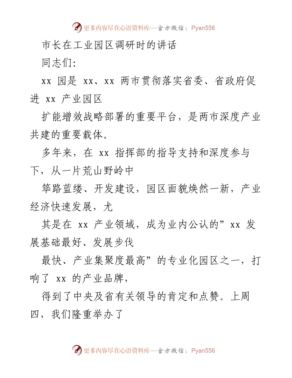 [发言] 工业园区调研 - 市长在工业园区调研时的讲话与发展动员.docx_第1页