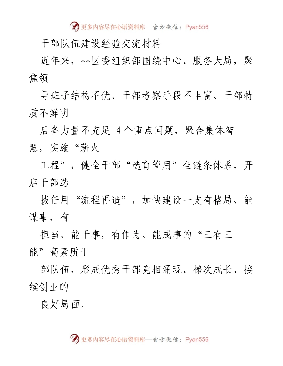 [发言] 干部队伍建设经验交流会 - 干部队伍建设的“四个重点问题”与“薪火工程”实施经验分享.docx_第1页