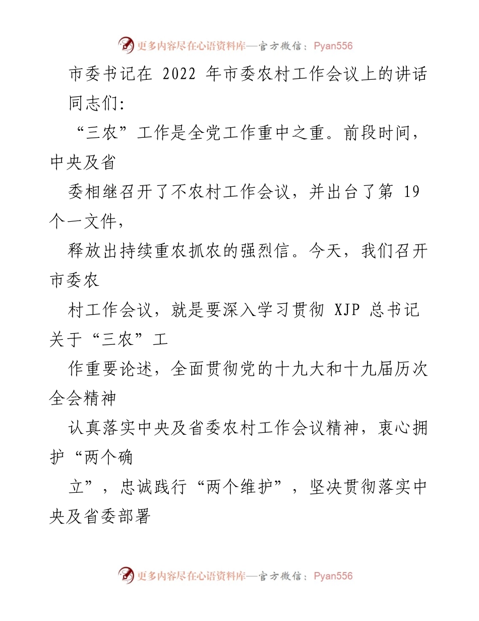 [发言] 市委农村工作会议 - 深入贯彻“三农”工作精神，推动乡村振兴新局面.docx_第1页