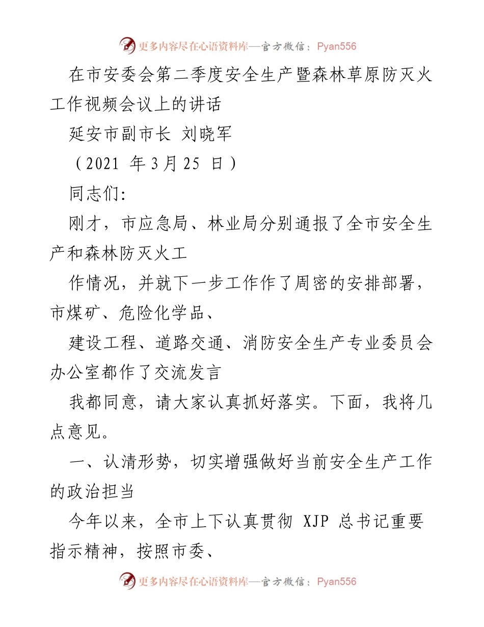 [发言] 市安委会第二季度安全生产暨森林草原防灭火工作视频会议 - 加强安全生产政治担当，确保安全形势稳定.docx_第1页
