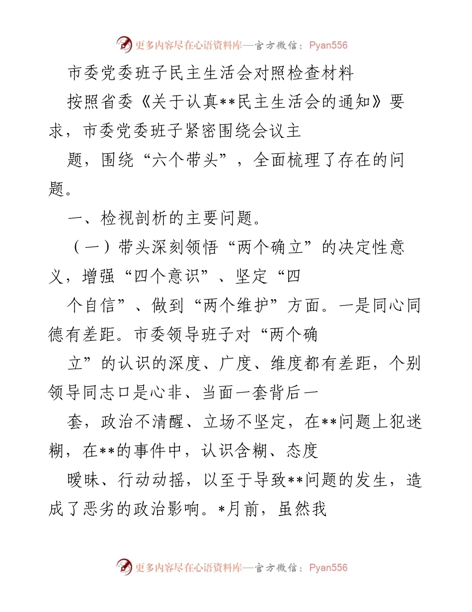 [发言] 市委党委班子民主生活会 - 深刻检视问题，增强政治意识与行动力.docx_第1页