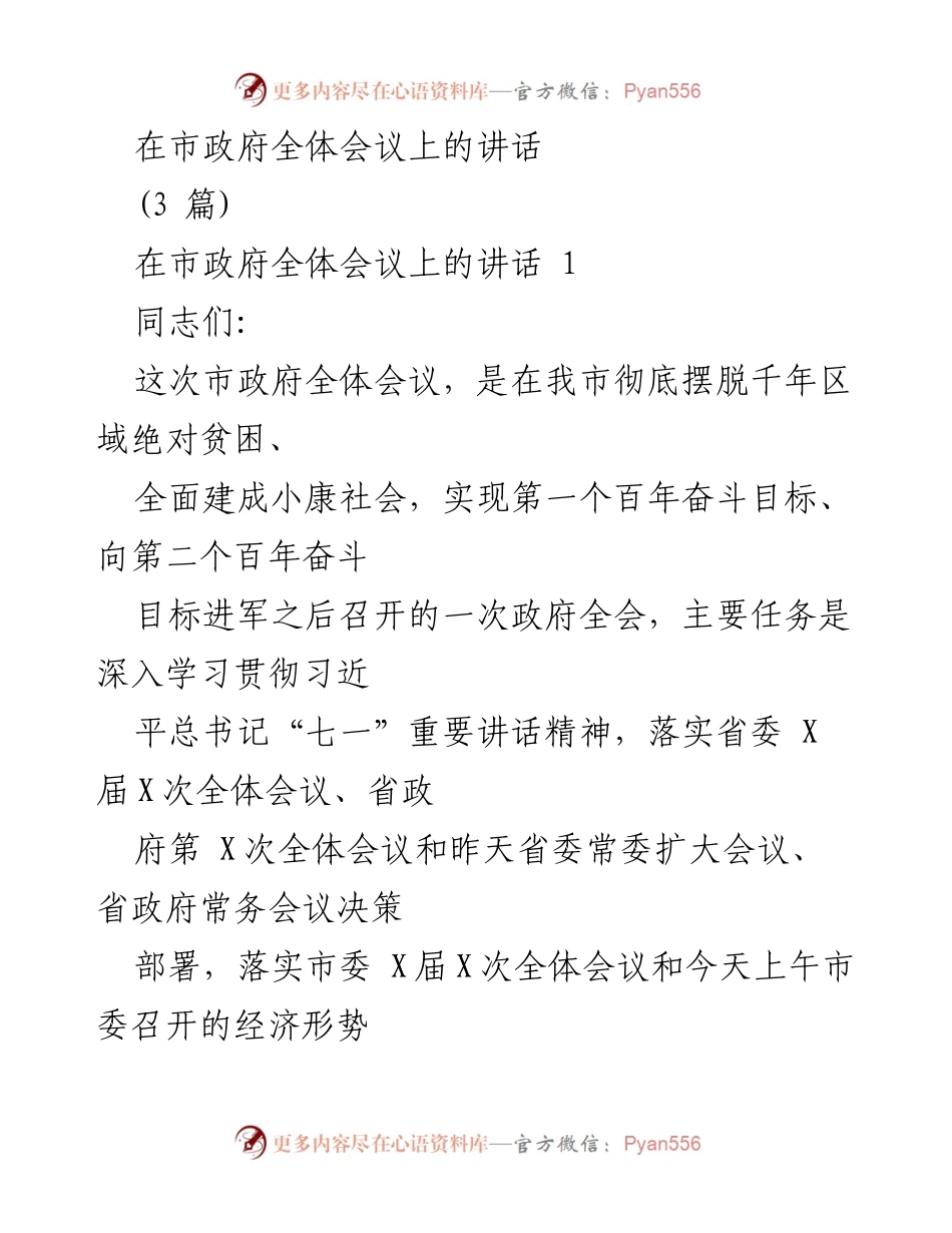 [发言] 市政府全体会议 - 深入学习贯彻习总书记讲话精神，推动高质量发展与乡村振兴.docx_第1页