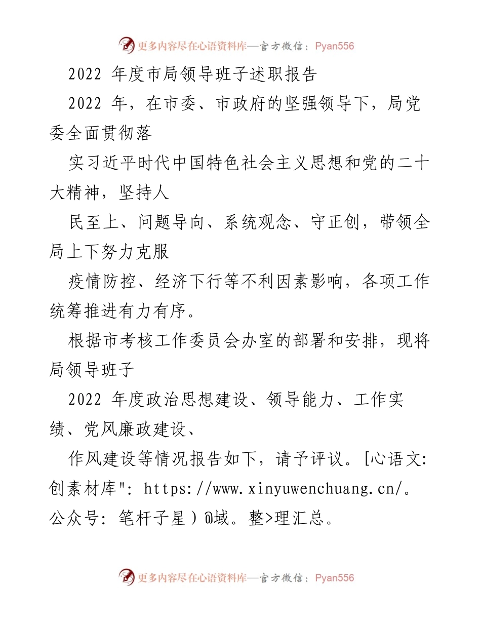 [发言] 年度述职 - 2022年度市局领导班子述职报告总结与评议.docx_第1页