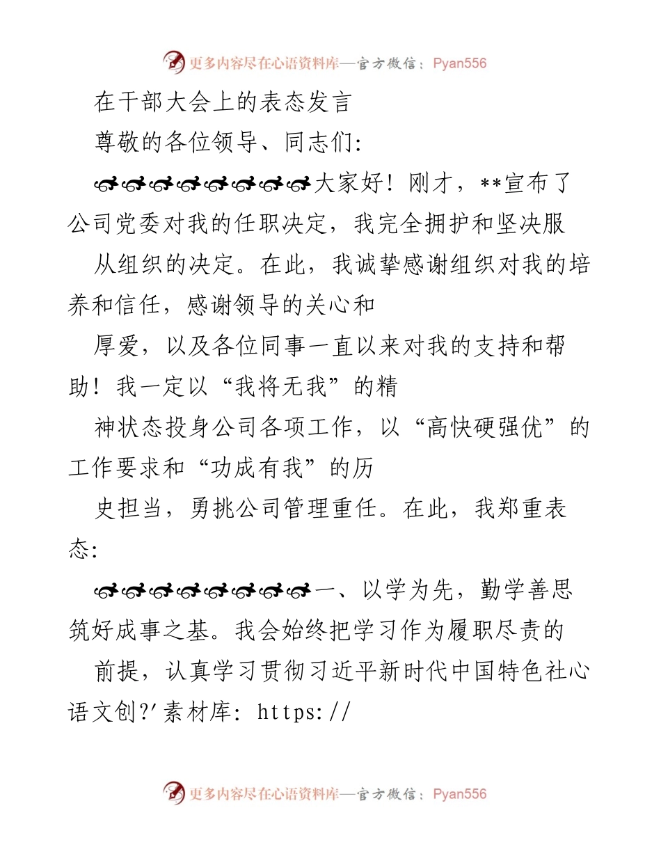 [发言] 干部大会 - 诚挚表态，勇担责任，推动公司发展.docx_第1页