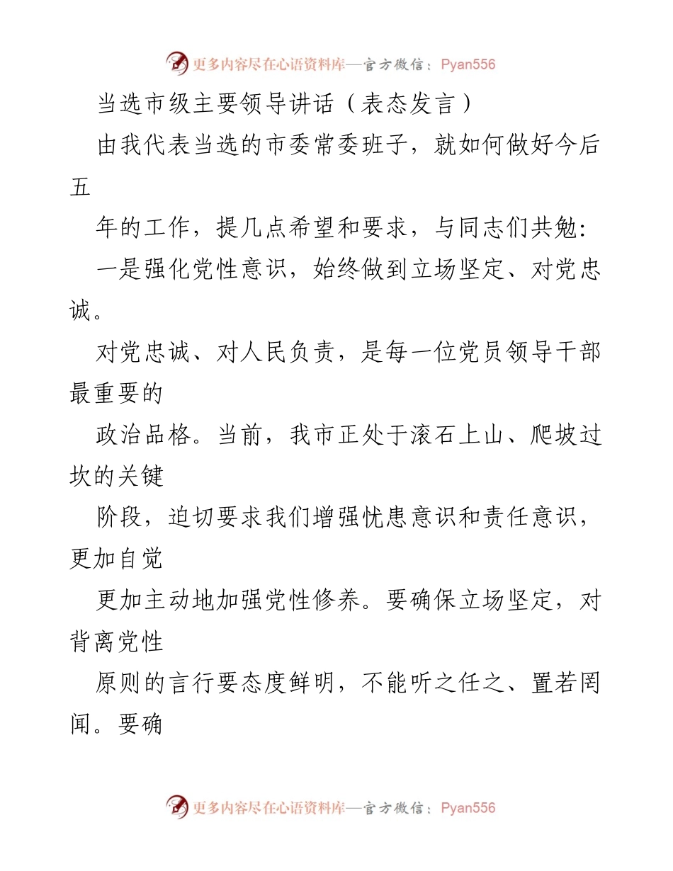 [发言] 市委常委班子当选会议 - 加强党性与实干意识，推动市级工作新发展.docx_第1页
