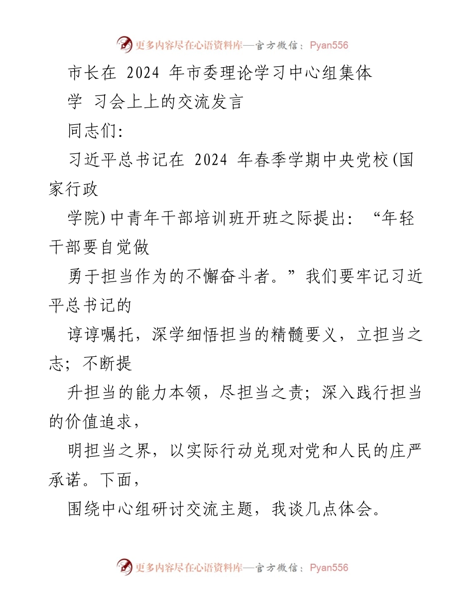 [发言] 市委理论学习中心组集体学习会 - 深化担当意识，提升政治能力：市长在市委理论学习中心组的交流发言.docx_第1页