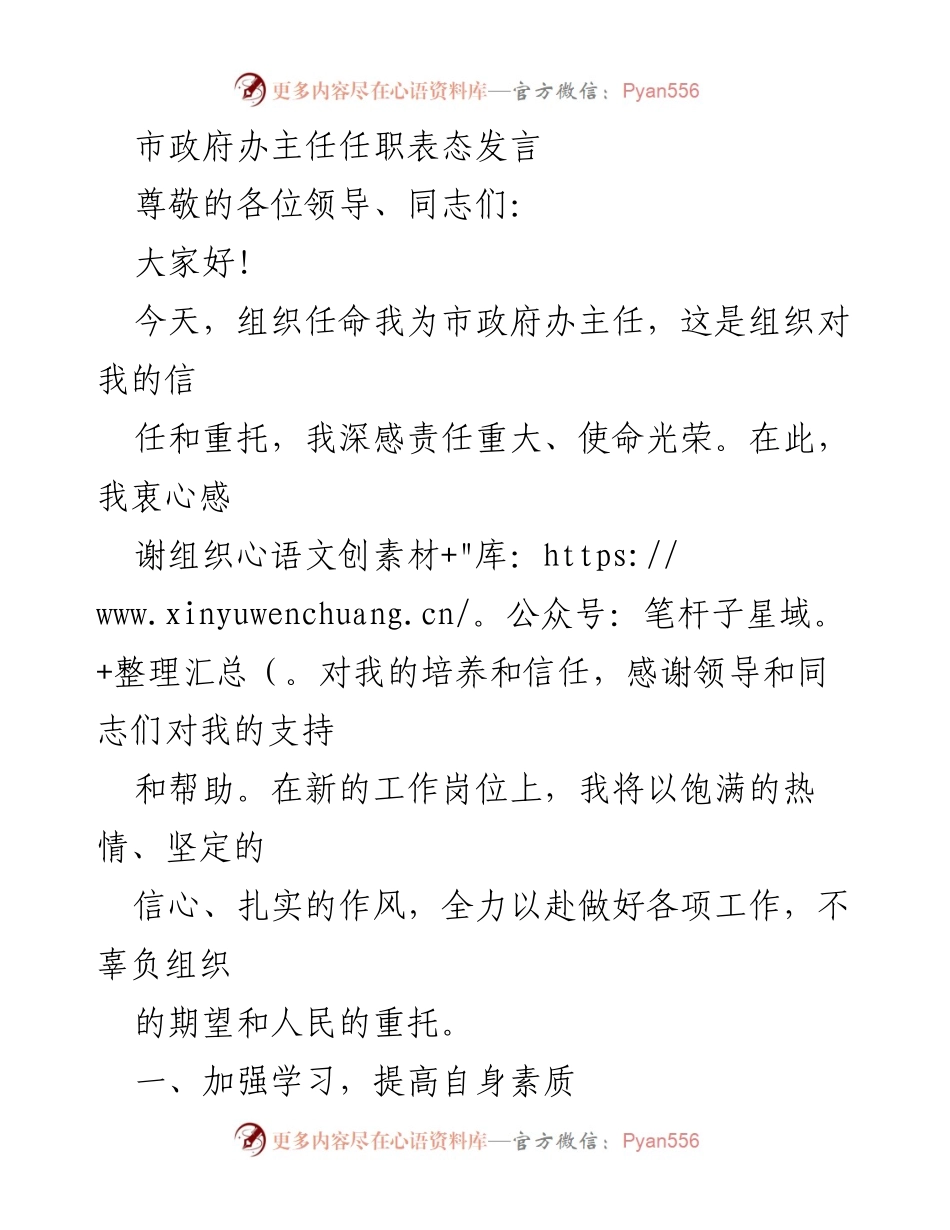 [发言] 市政府任命仪式 - 新任市政府办主任的任职表态发言.docx_第1页