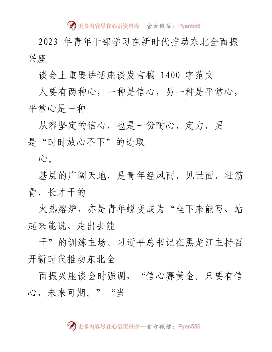 [发言] 座谈会 - 青年干部在新时代推动东北振兴的信心与担当.docx_第1页