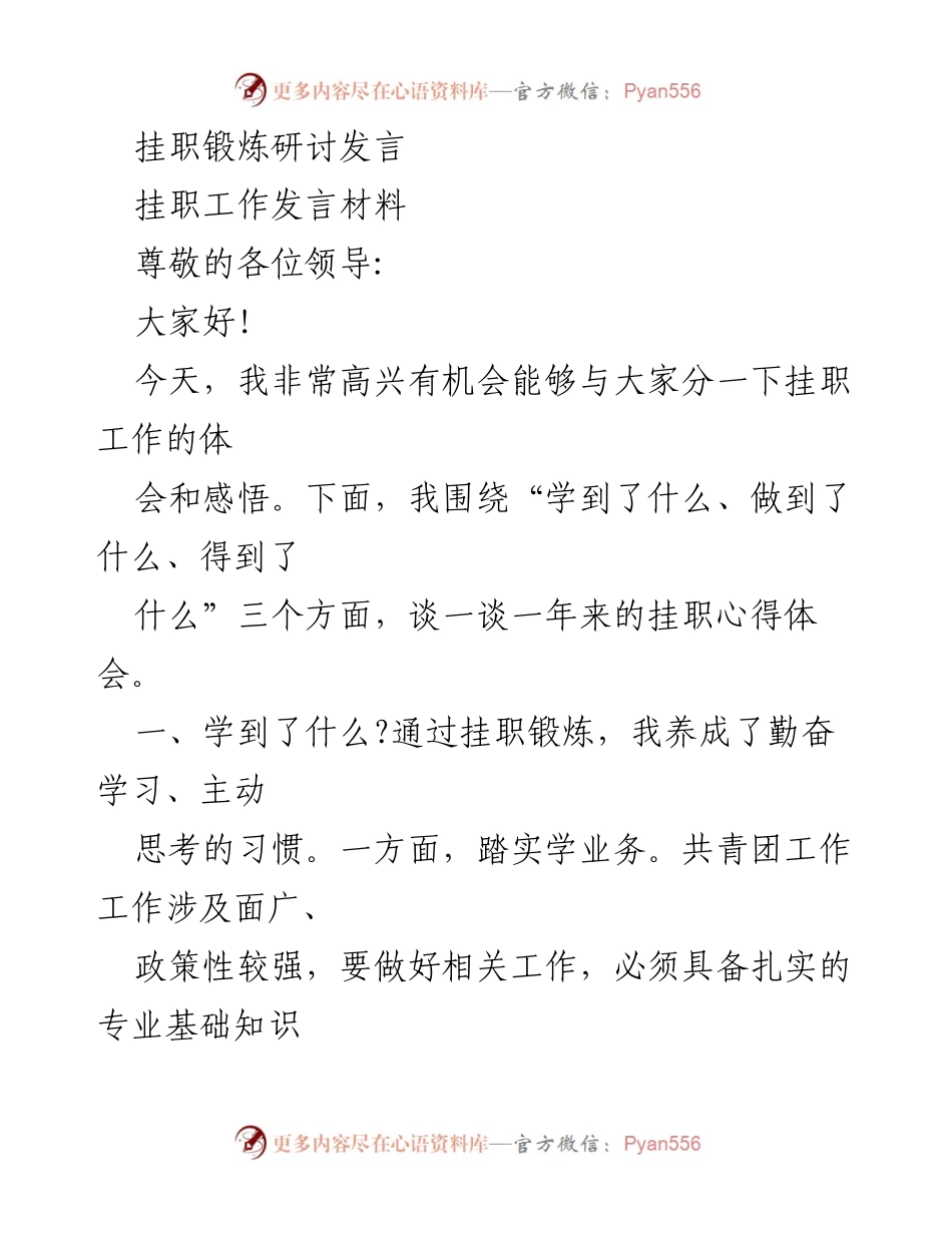 [发言] 挂职锻炼研讨 - 挂职工作心得体会与经验分享.docx_第1页