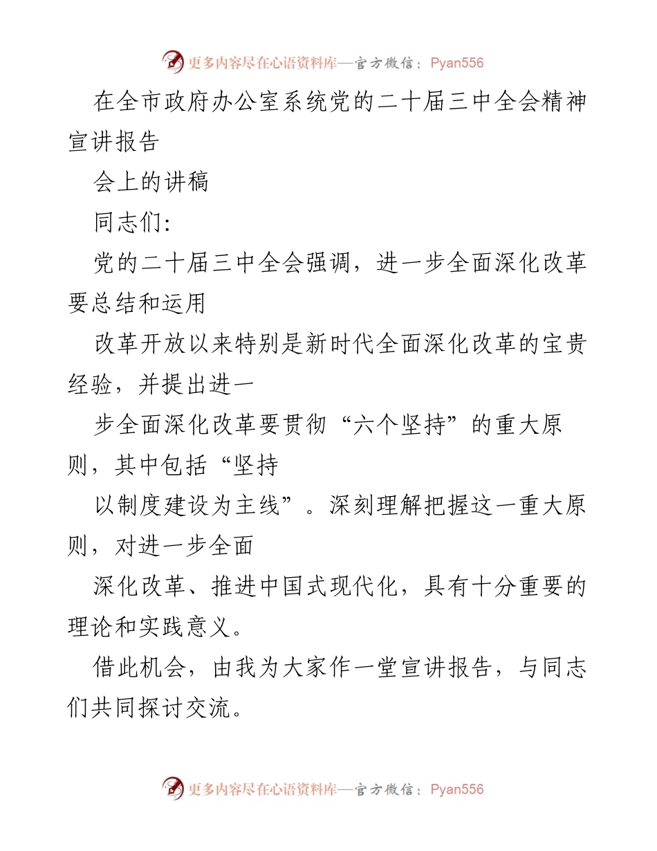 [发言] 政府办公室系统会议 - 深入理解党的二十届三中全会精神与制度建设的重要性.docx_第1页