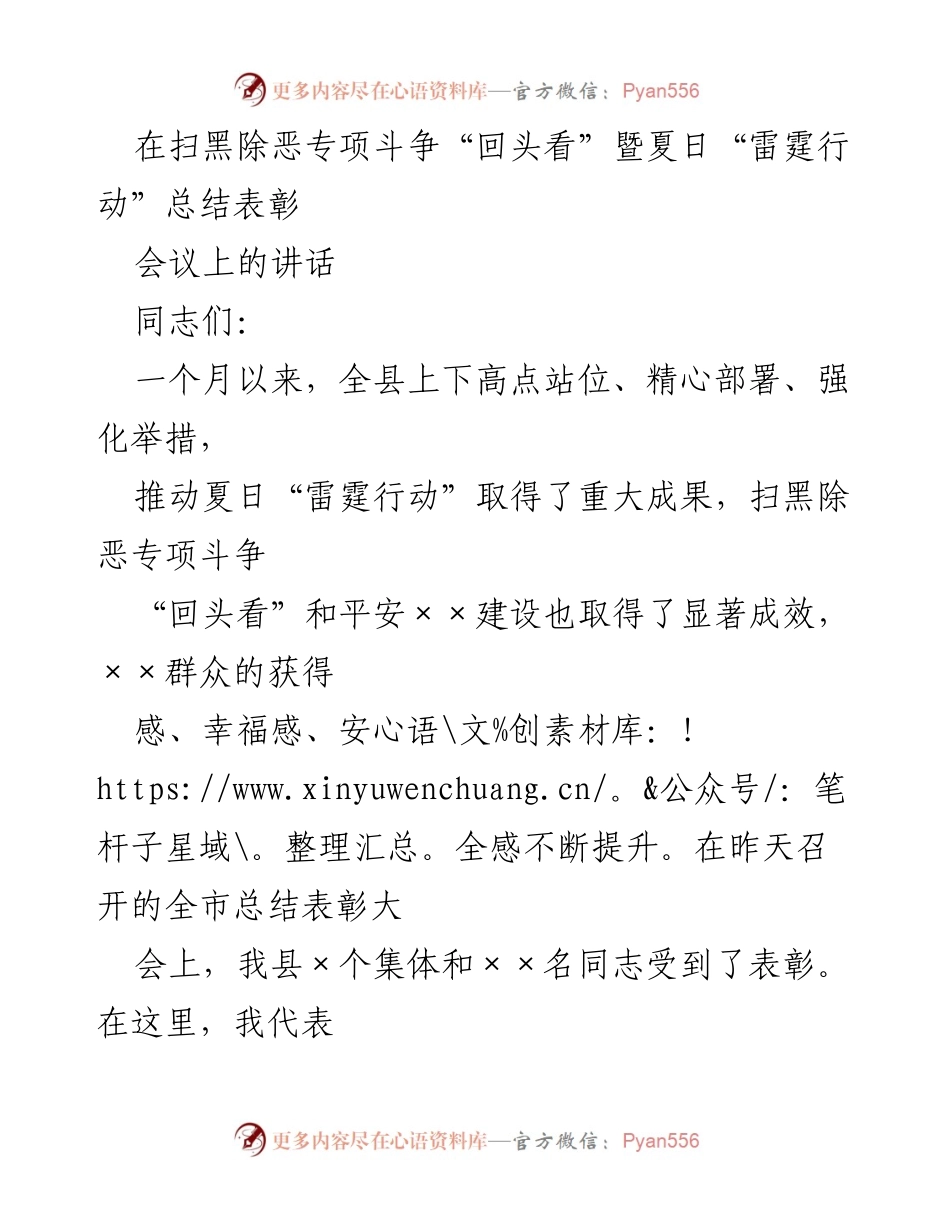 [发言] 扫黑除恶专项斗争总结表彰会议 - 强化扫黑除恶常态化斗争，保障社会安全稳定.docx_第1页