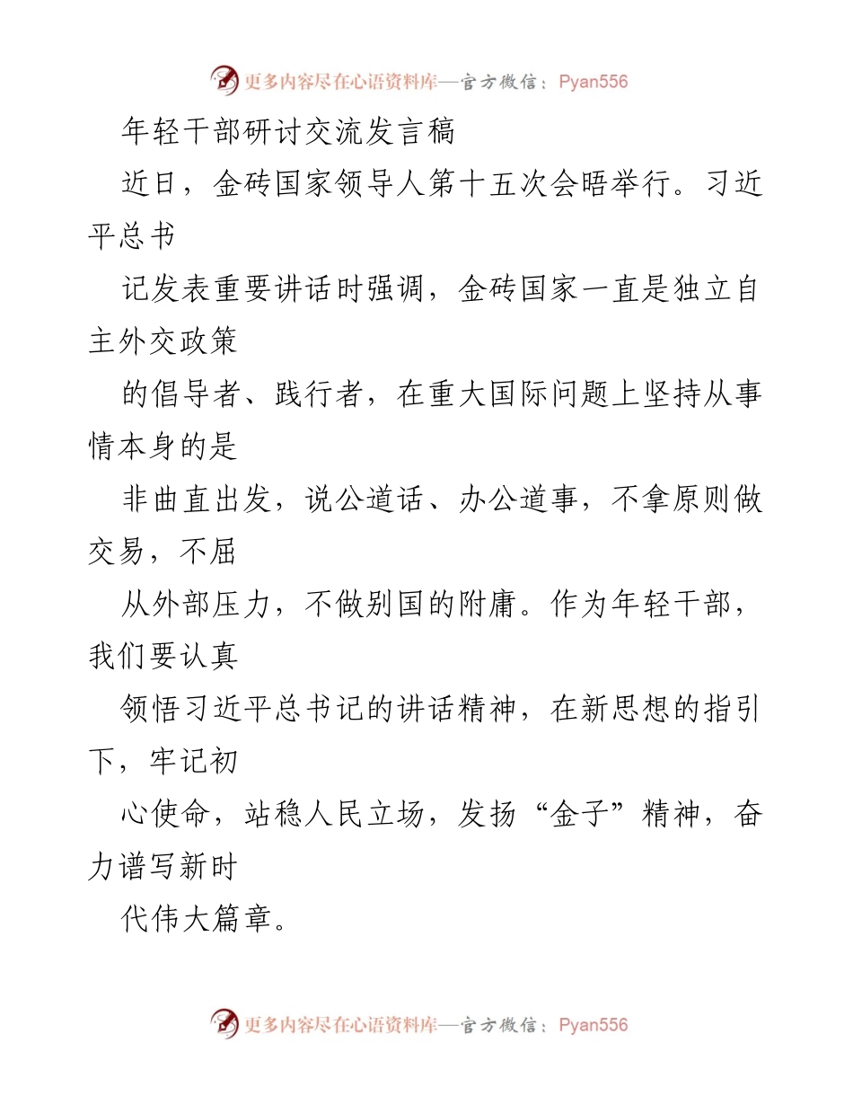[发言] 年轻干部研讨交流 - 坚定信仰与韧劲：年轻干部在新时代的使命与担当.docx_第1页