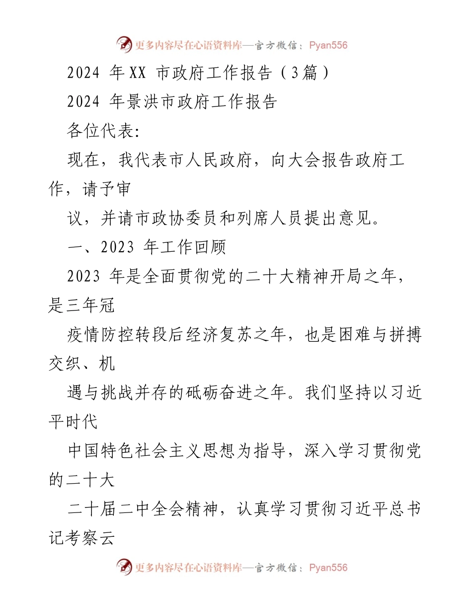 [发言] 政府工作报告 - 2024年景洪市政府工作报告概述.docx_第1页
