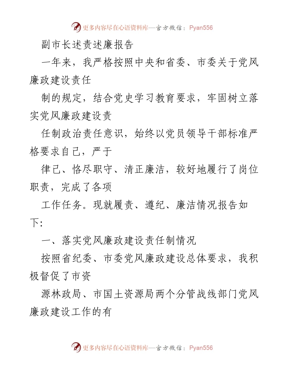 [发言] 政务会议 - 副市长年度述责述廉报告.docx_第1页