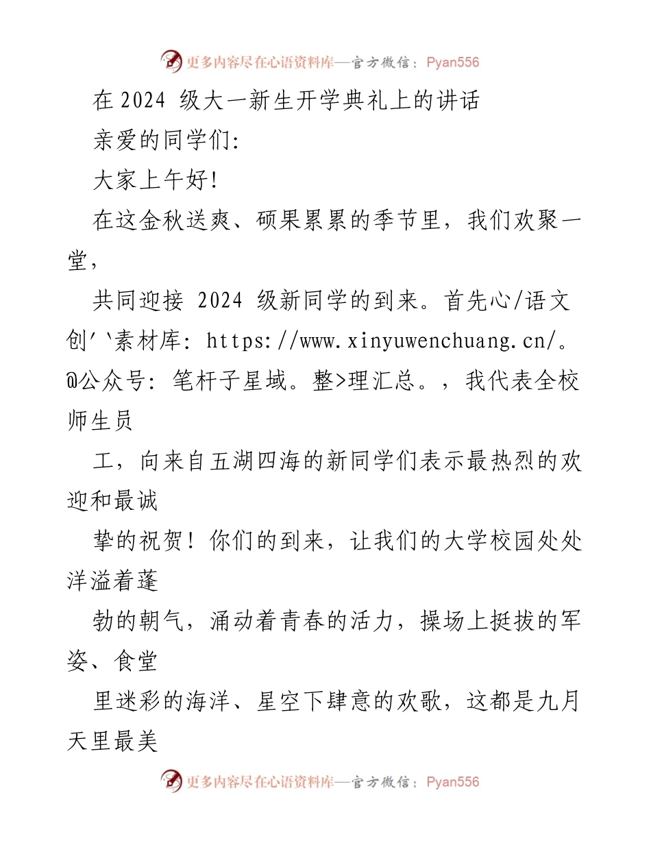 [发言] 开学典礼 - 欢迎2024级新生，共同书写辉煌篇章.docx_第1页