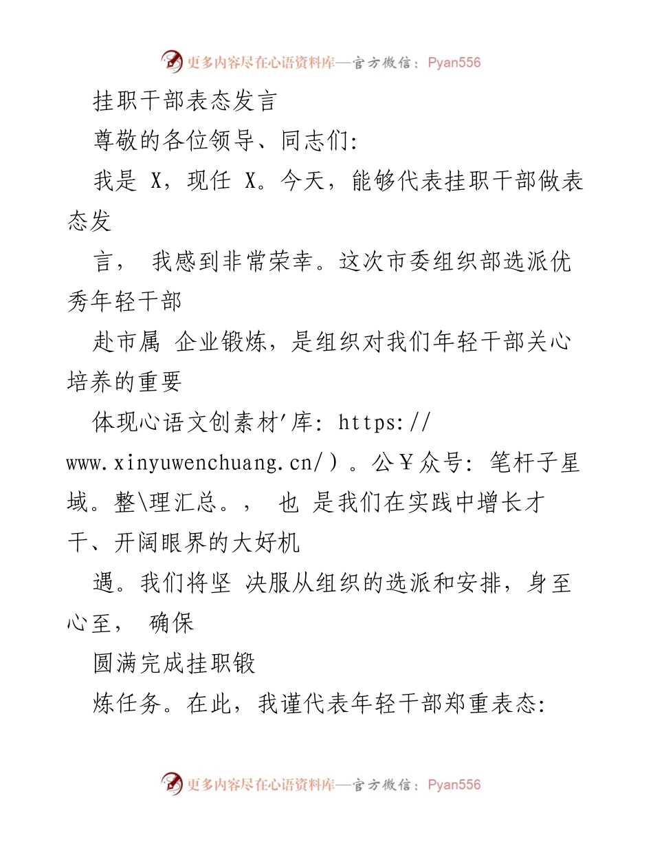 [发言] 挂职干部表态 - 年轻干部挂职锻炼表态发言_1.docx_第1页