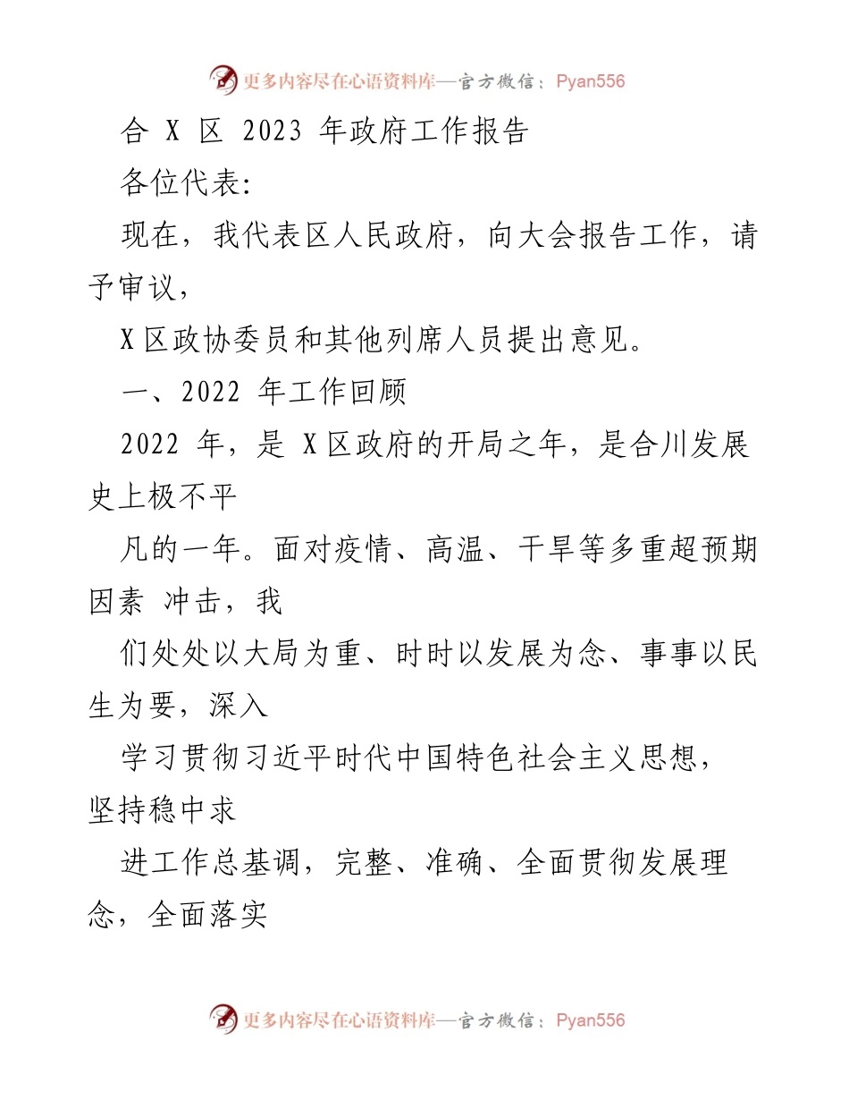 [发言] 政府工作报告 - 2023年合X区政府工作总结与展望.docx_第1页