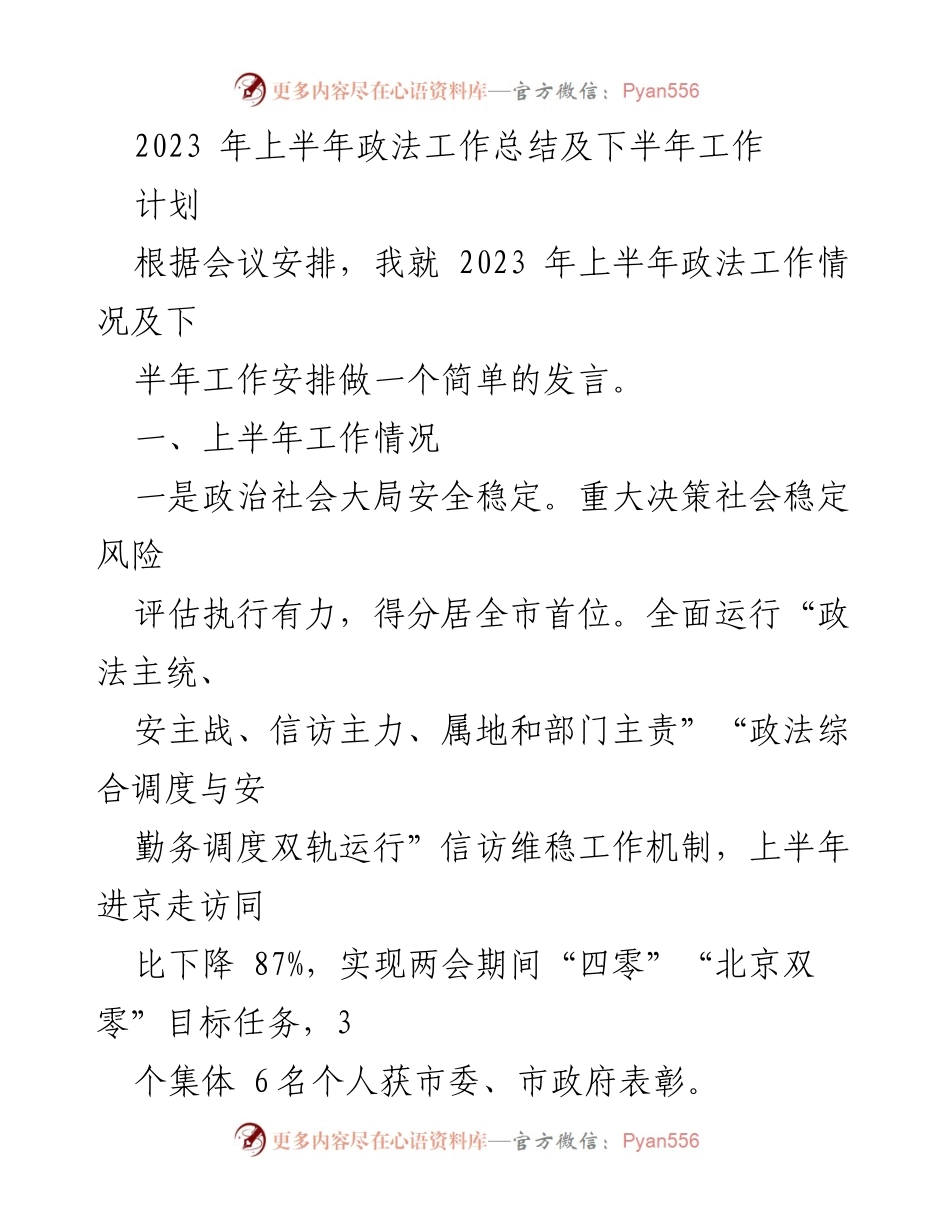 [发言] 政法工作会议 - 2023年上半年政法工作总结与下半年计划.docx_第1页