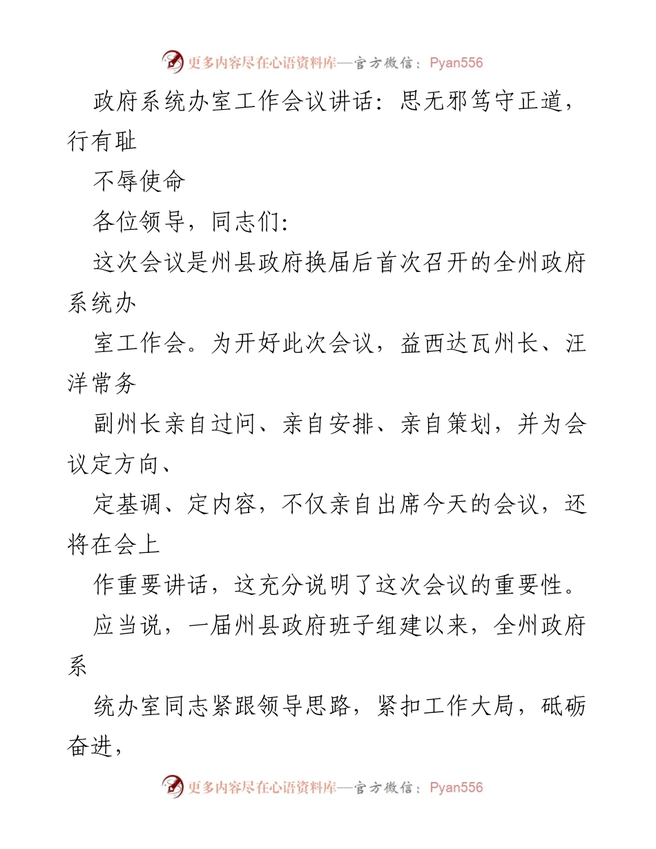 [发言] 政府系统办室工作会议 - 思无邪笃守正道，行有耻，不辱使命.docx_第1页