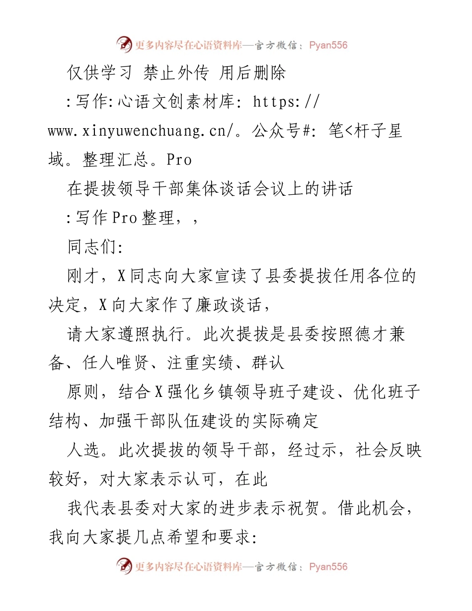 [发言] 提拔领导干部集体谈话会议 - 提升领导干部素养与责任担当的讲话.docx_第1页