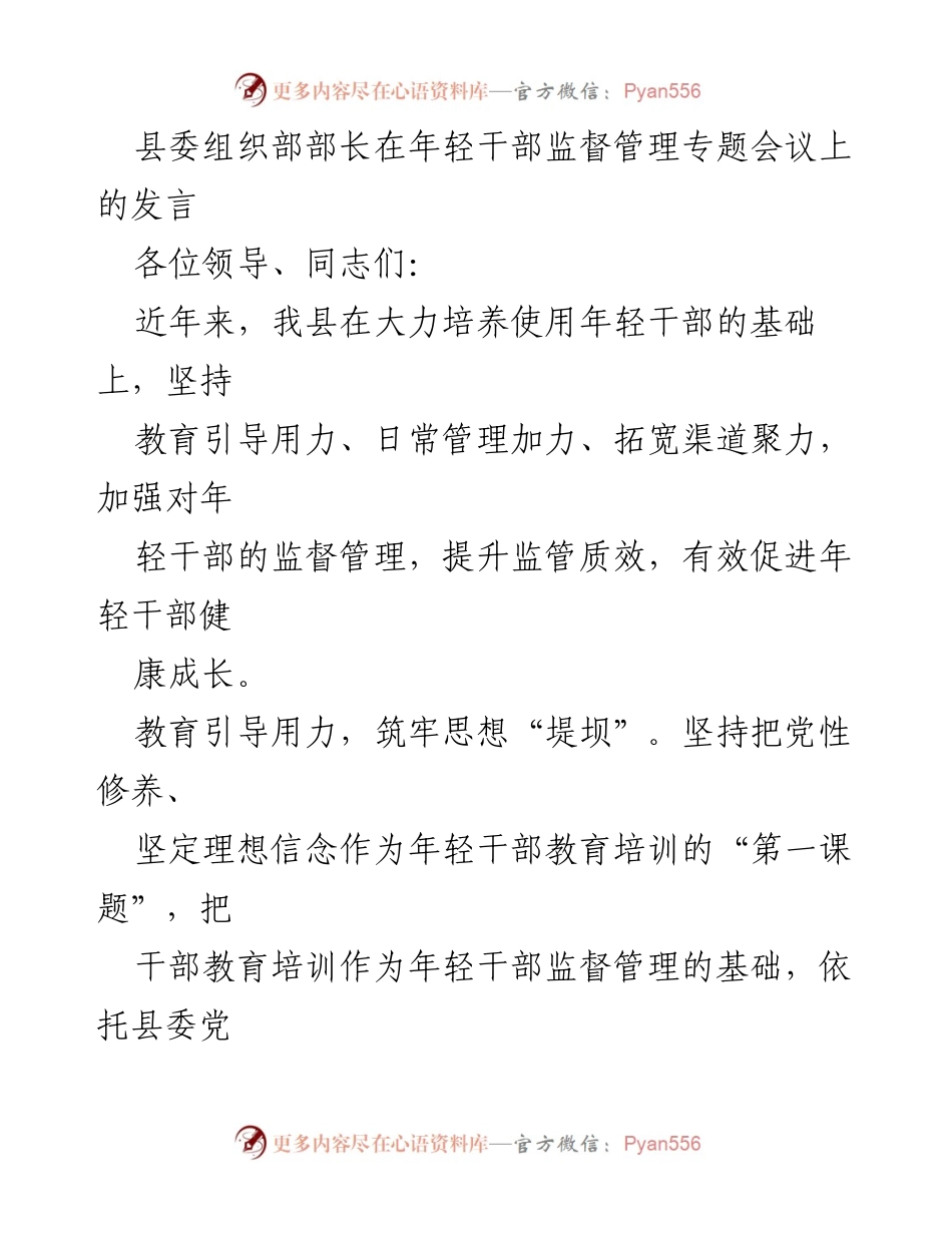 [发言] 年轻干部监督管理专题会议 - 加强年轻干部监督管理的有效措施.docx_第1页