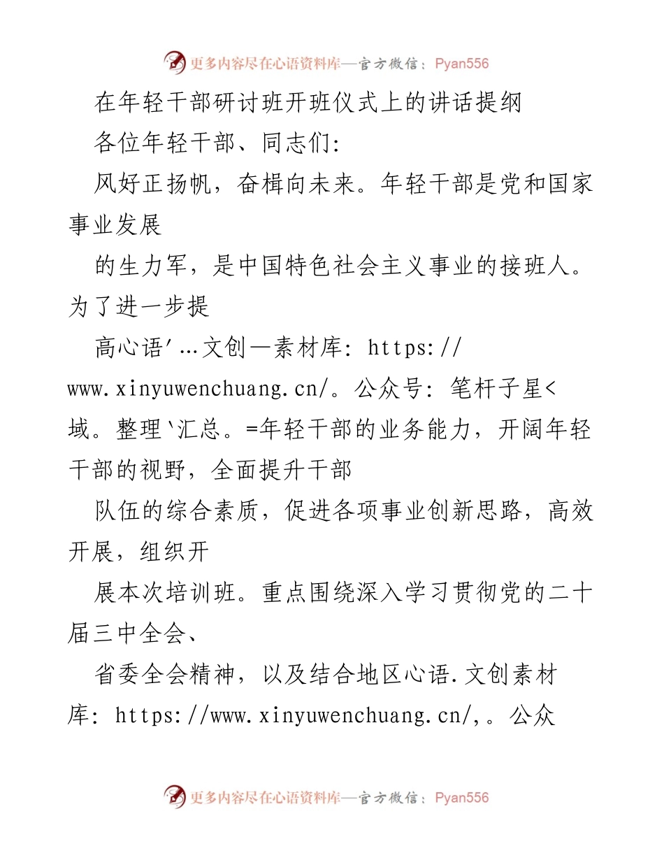 [发言] 年轻干部研讨班开班仪式 - 强化年轻干部政治品质与业务能力的讲话提纲.docx_第1页