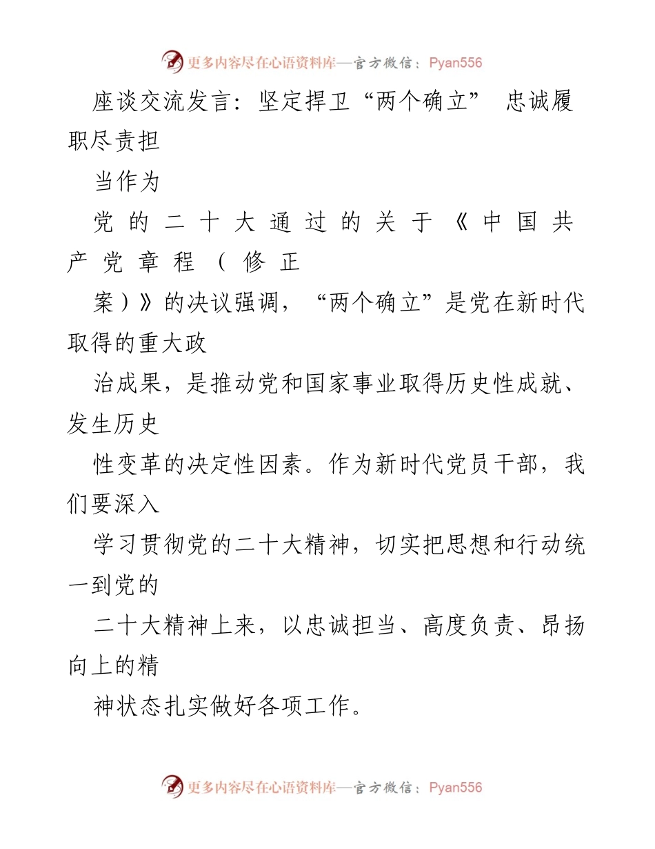 [发言] 座谈交流 - 坚定捍卫“两个确立”，忠诚履职尽责的新时代党员干部使命.docx_第1页