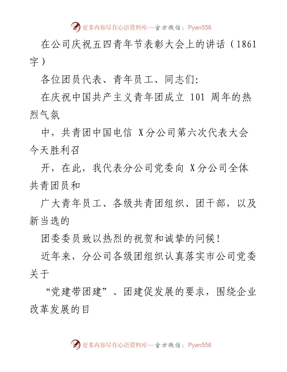 [发言] 庆祝五四青年节表彰大会 - 青年担当与奋斗精神的号召.docx_第1页