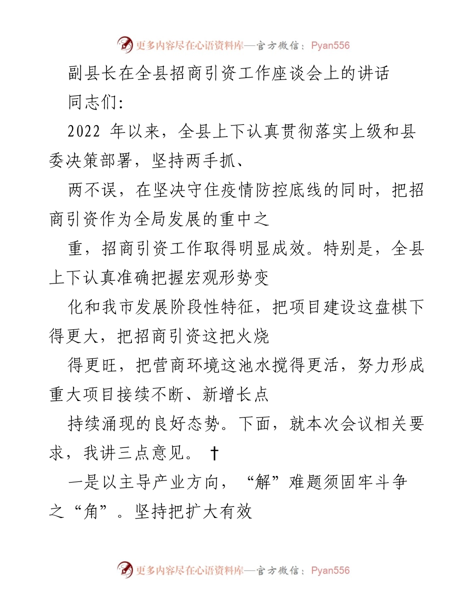 [发言] 招商引资工作座谈会 - 副县长讲话：推动招商引资高质量发展.docx_第1页