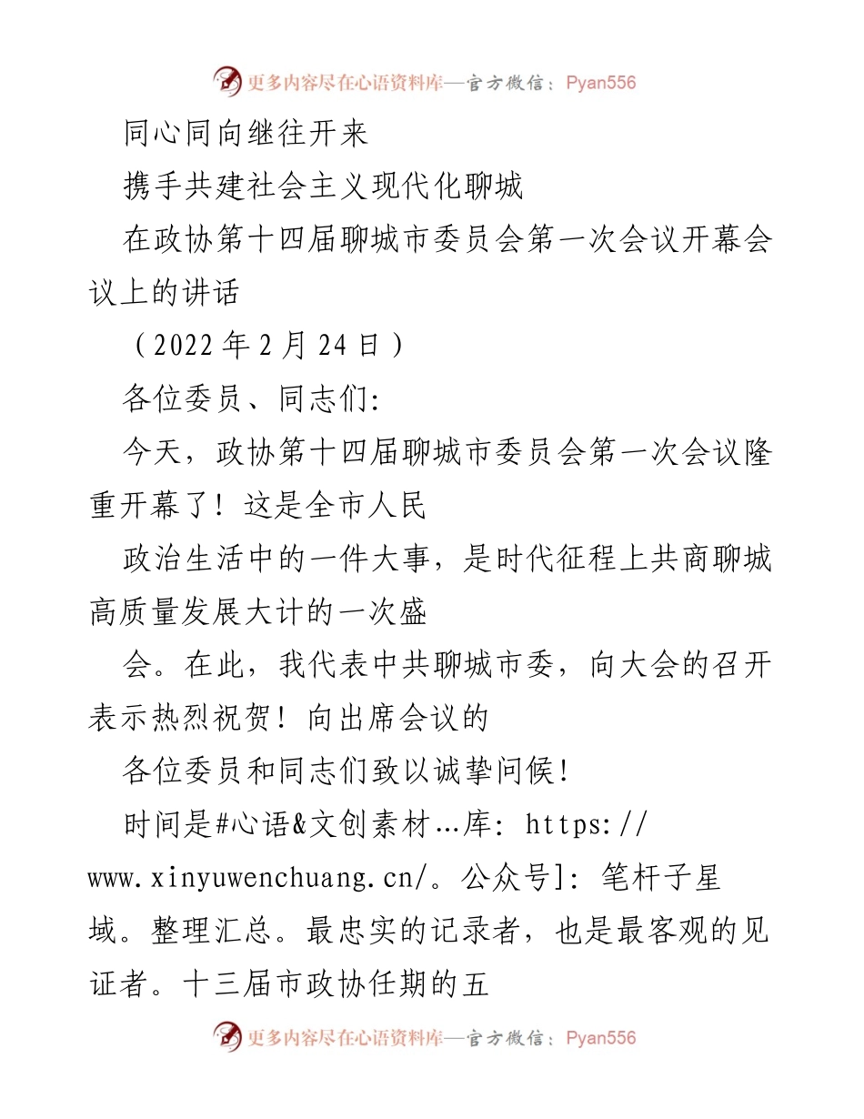 [发言] 政协会议 - 同心同向，携手共建社会主义现代化聊城.docx_第1页