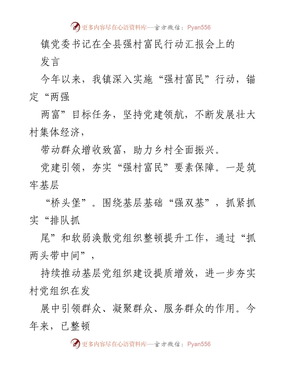 [发言] 强村富民行动汇报会 - 党建引领与项目推动助力乡村振兴.docx_第1页